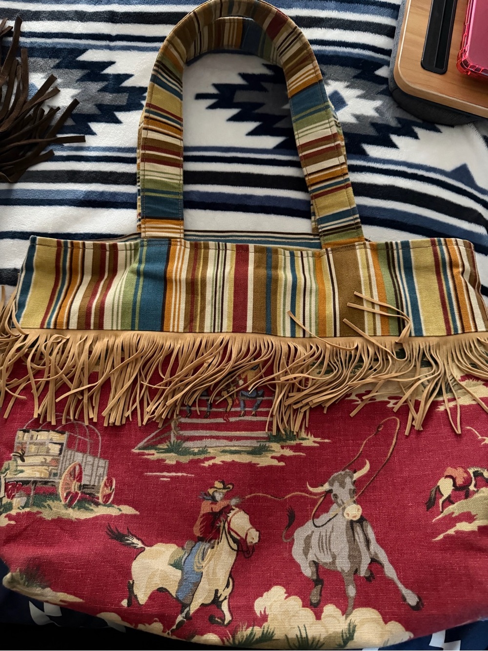 Fringed Western Stripe Canvas Tote in Red, Blue & Tan